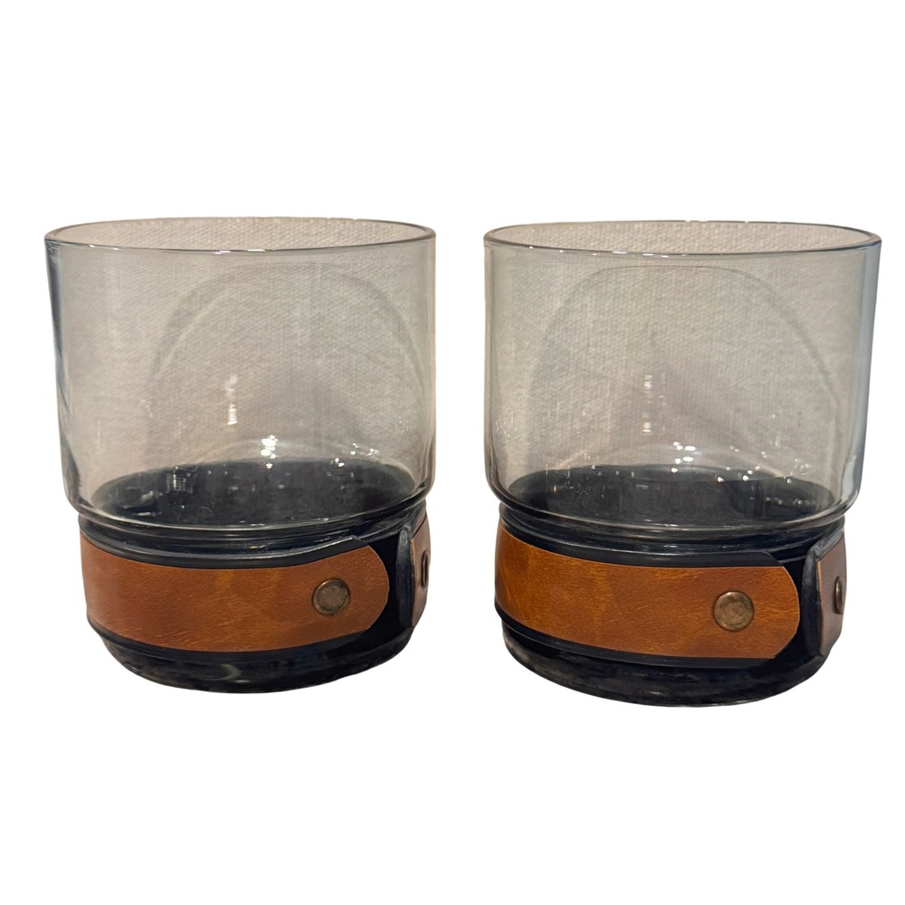 Set of 2 Smoke Grey Whiskey Rocks Glasses Brown Faux Leather Wrap Snap Lowball